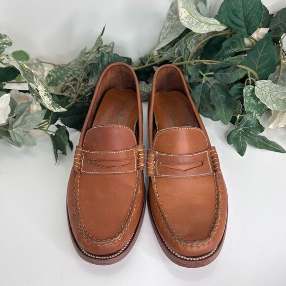Brookline Shoes Men’s Size 8 Brown Leather Penny Loafer Contrasting Stitching - Picture 1 of 9